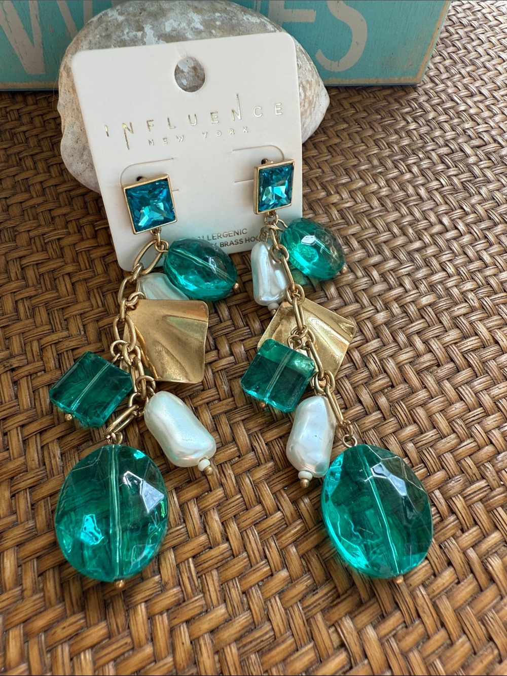 Gold Chain Drop Earrings with Turquoise Blue Beads and Pearlescent Accents - Picture 2 of 7